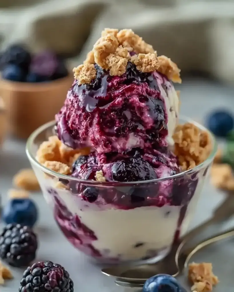 A delicious plate of High Protein Blueberry Cheesecake Cottage Cheese Ice Cream