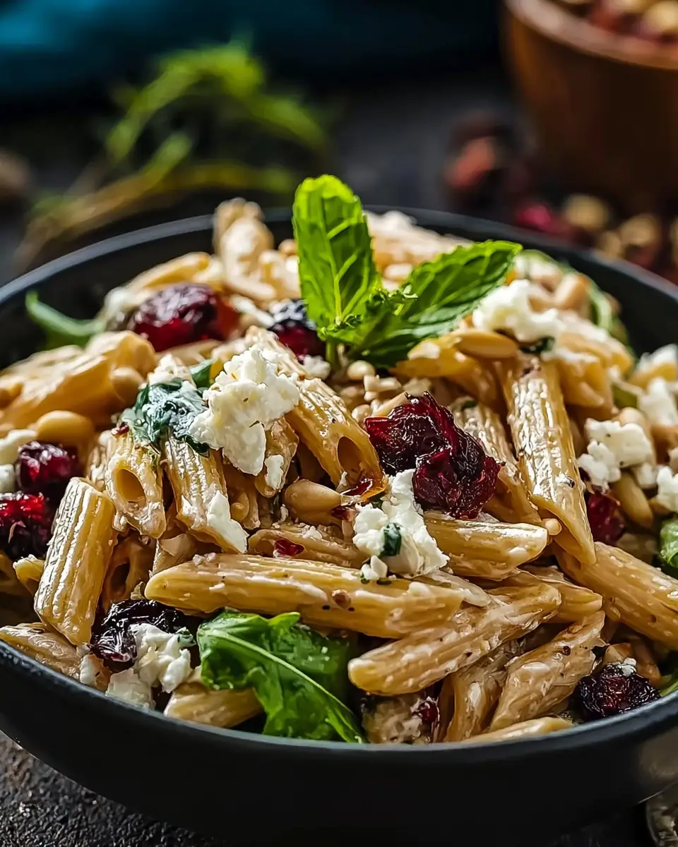 A delicious plate of High Protein Feta Cranberry Penne Salad