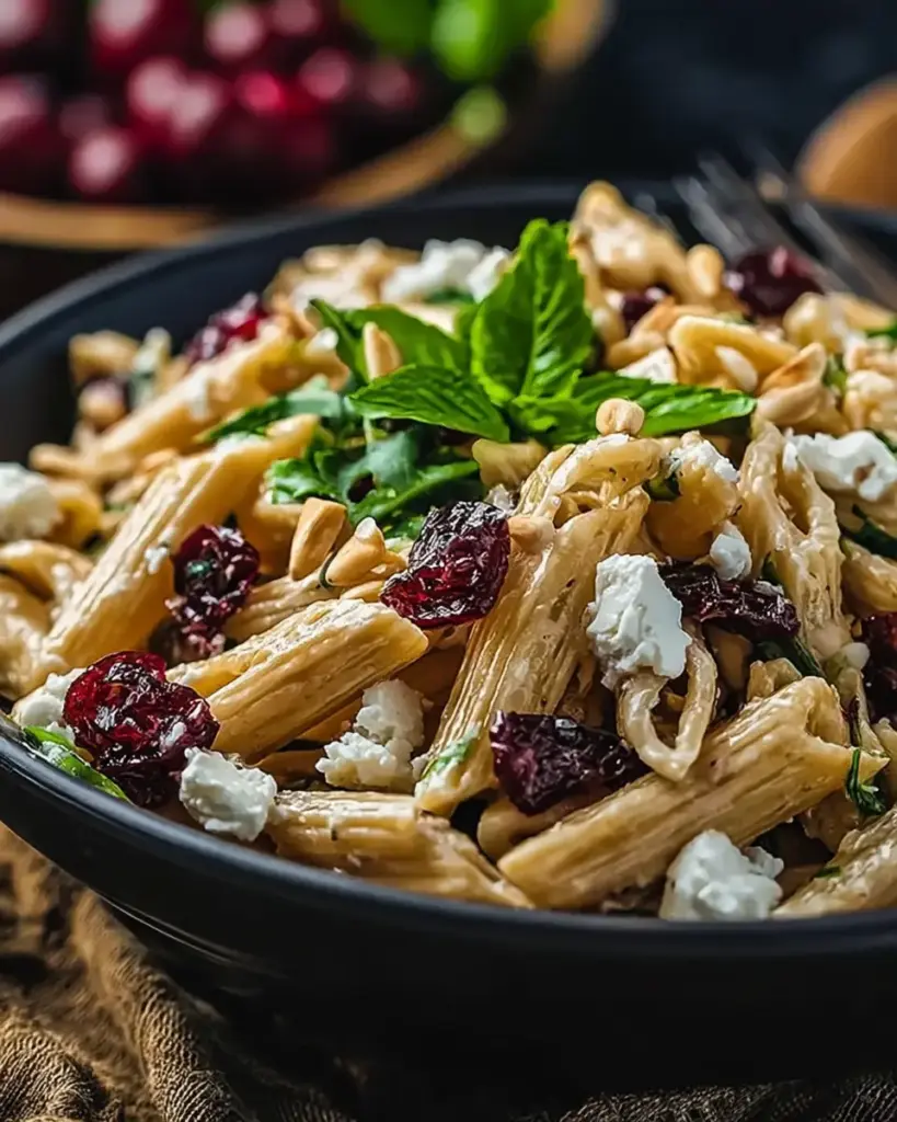 A delicious plate of High Protein Feta Cranberry Penne Salad