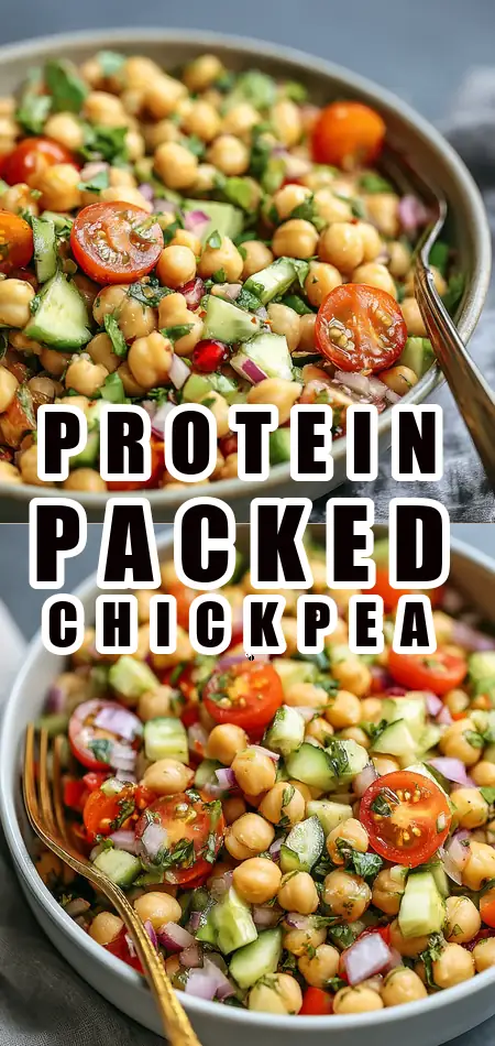 Pinterest pin (Design 1) for High Protein Chickpea Salad (Vegan + Gluten-Free) – Fresh, Protein-Packed, and Flavorful