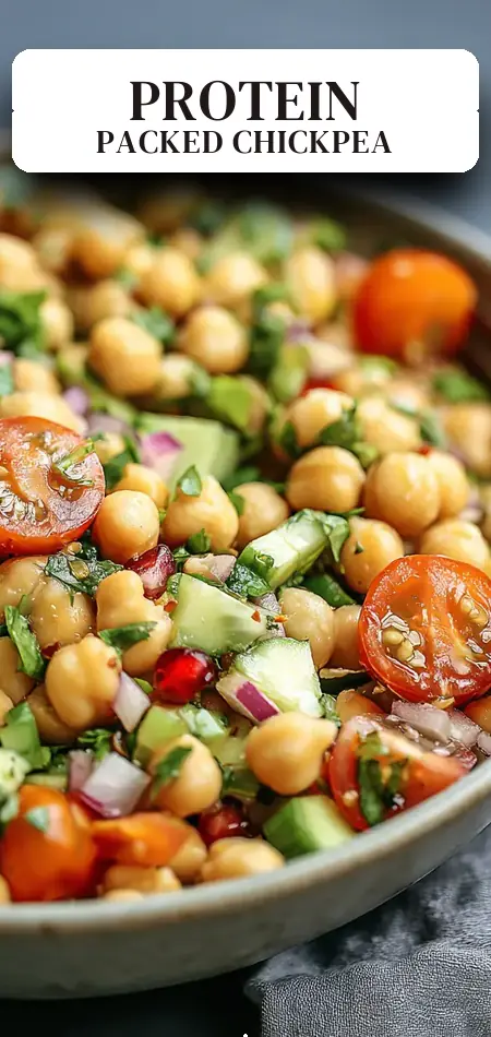 Pinterest pin (Design 2) for High Protein Chickpea Salad (Vegan + Gluten-Free) – Fresh, Protein-Packed, and Flavorful