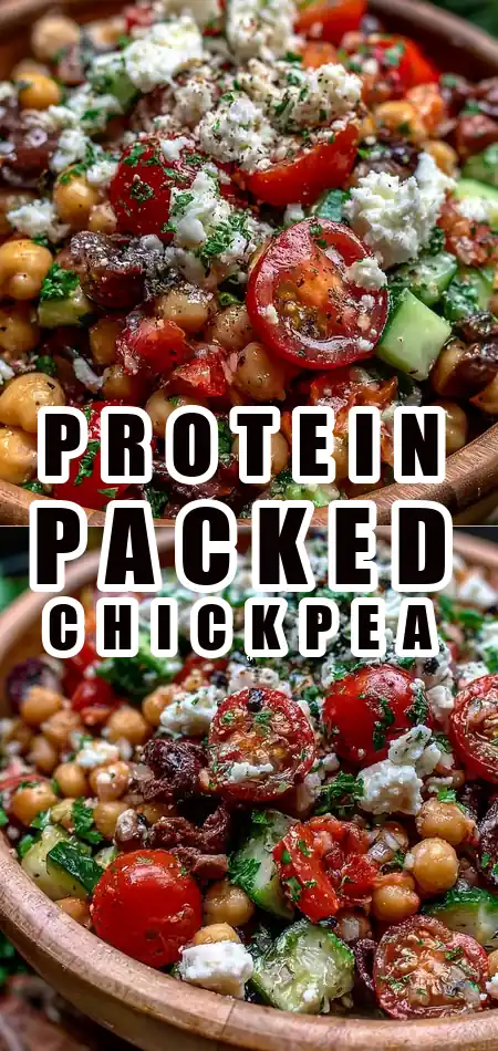 Pinterest pin (Design 1) for High Protein Greek Chickpea Salad