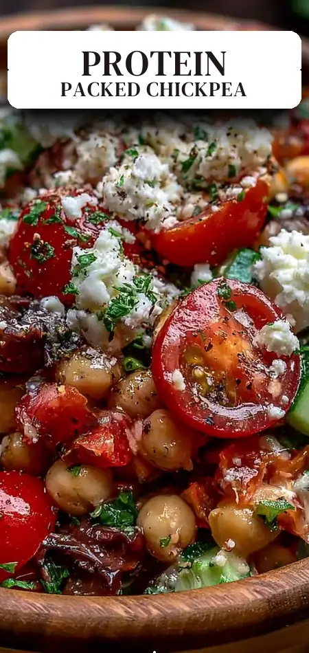 Pinterest pin (Design 2) for High Protein Greek Chickpea Salad