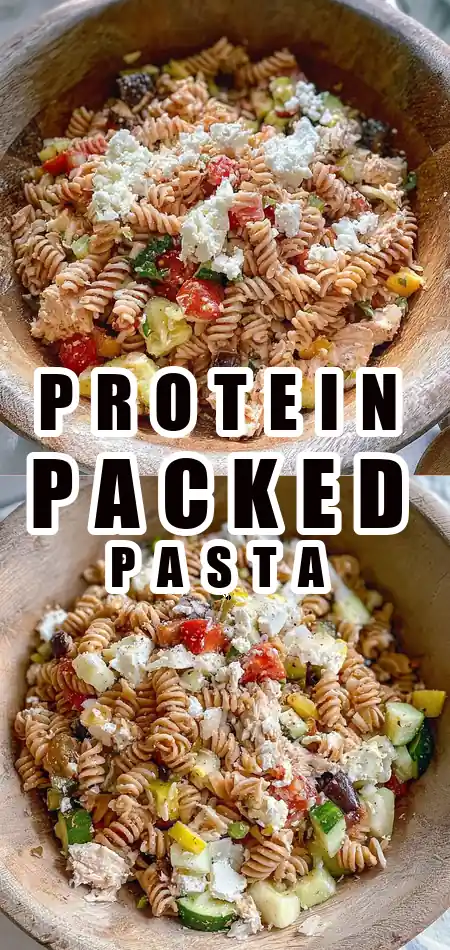 Pinterest pin (Design 1) for High Protein Pasta Salad