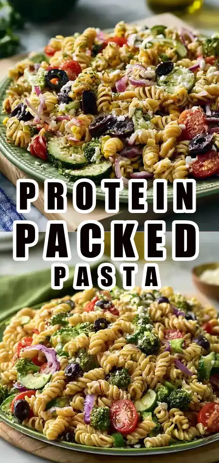 Pinterest pin (Design 1) for Healthy High Protein Pasta Salad No Mayo - FlirtyFood
