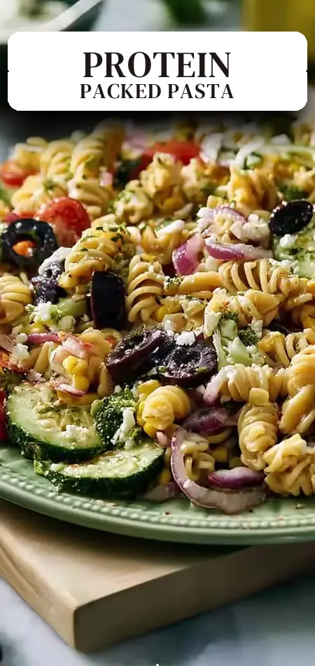 Pinterest pin (Design 2) for Healthy High Protein Pasta Salad No Mayo - FlirtyFood