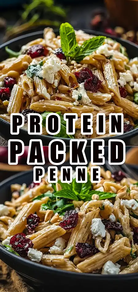 Pinterest pin (Design 1) for High Protein Feta Cranberry Penne Salad