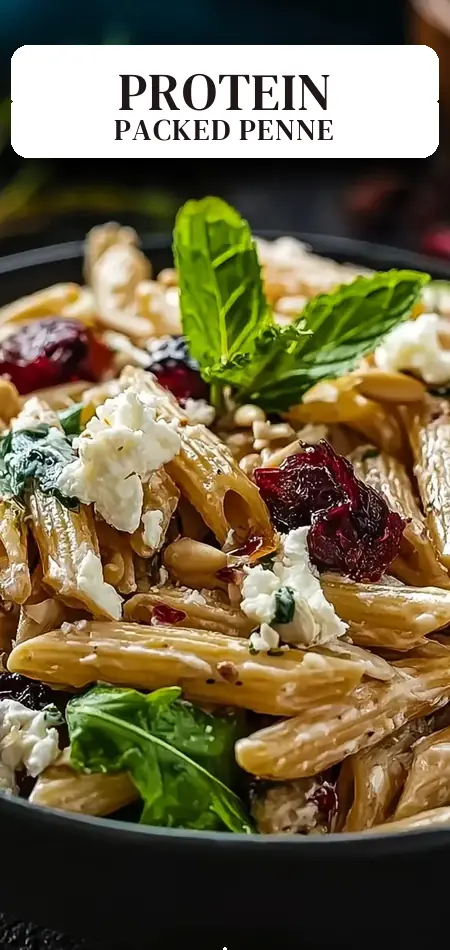 Pinterest pin (Design 2) for High Protein Feta Cranberry Penne Salad