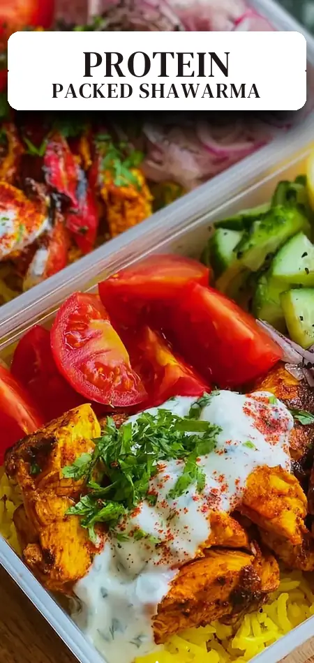 Pinterest pin (Design 2) for High Protein Chicken Shawarma Bowl