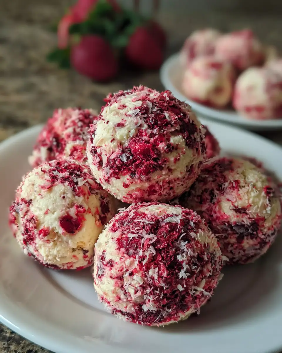 A delicious plate of "Strawberry Cheesecake Protein Balls That Boost Energy!"
