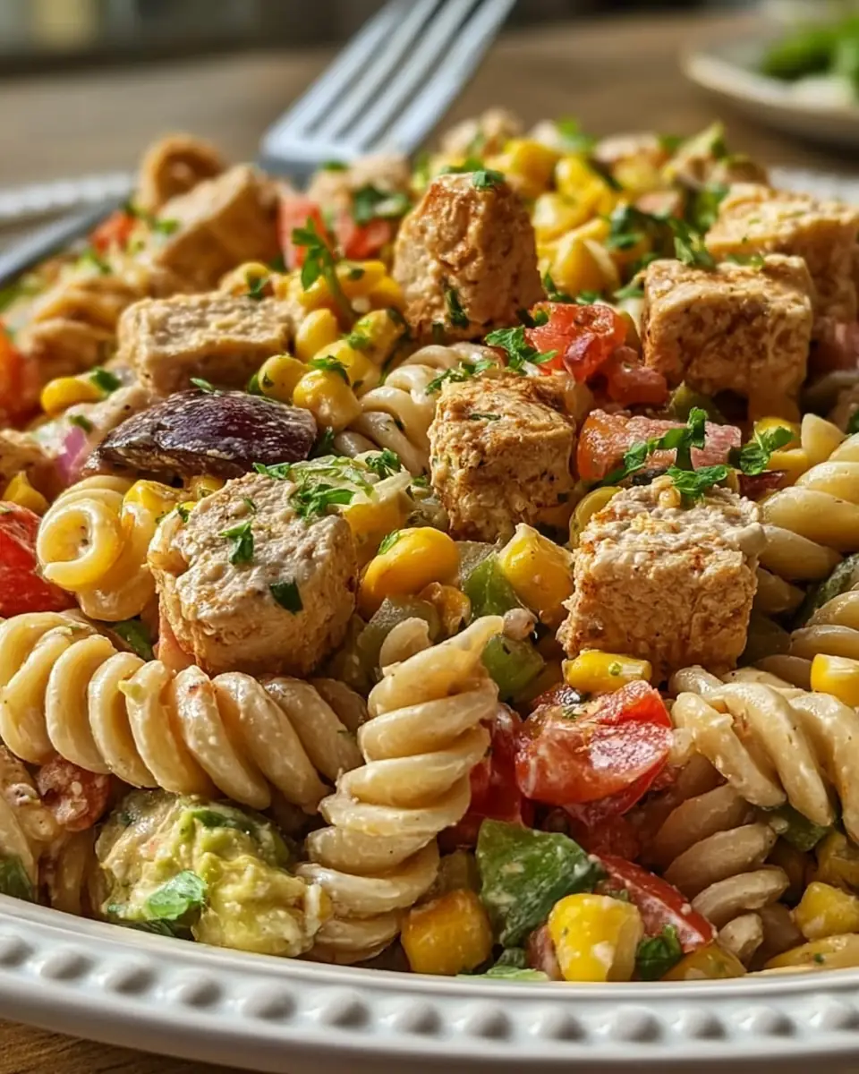 A delicious plate of Zesty High-Protein BBQ Chicken Pasta Salad