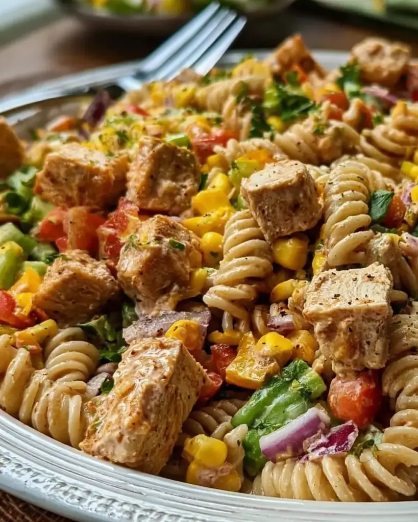 A delicious plate of Zesty High-Protein BBQ Chicken Pasta Salad